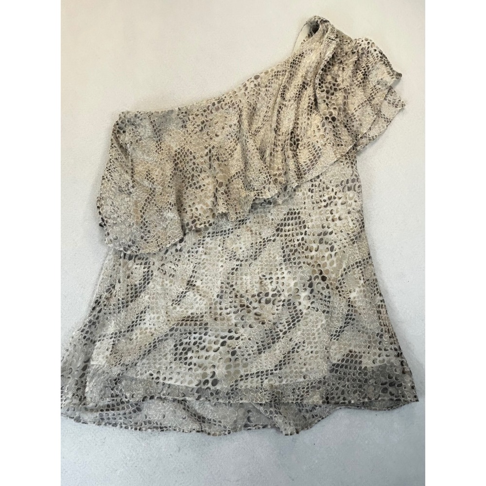 White House Black Market One Shoulder Top Women 6 Beige Animal Print Ruffle